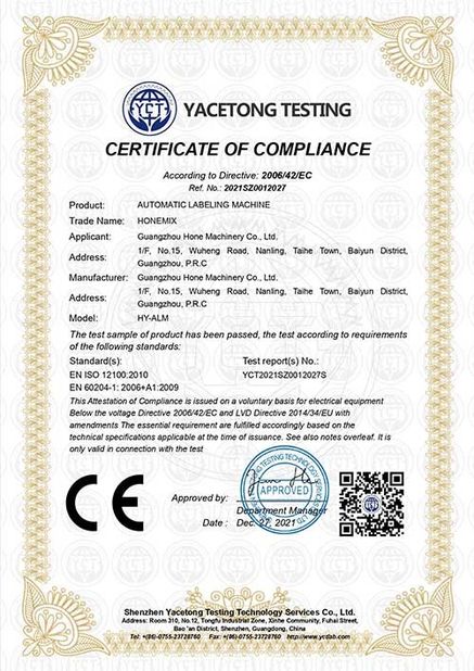 Trung Quốc Guangzhou Hone Machinery Co., Ltd. Chứng chỉ