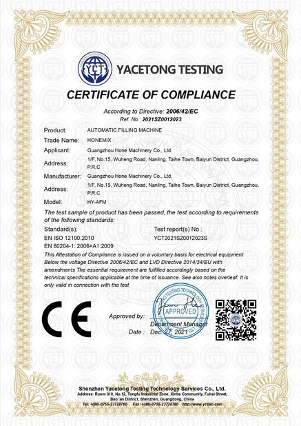 Trung Quốc Guangzhou Hone Machinery Co., Ltd. Chứng chỉ