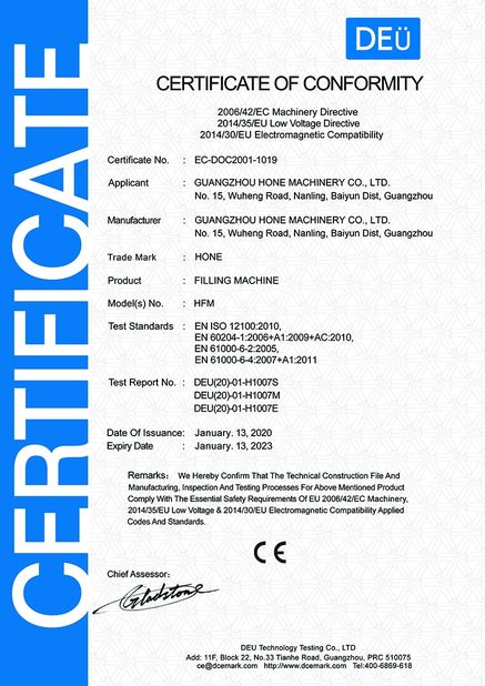 Trung Quốc Guangzhou Hone Machinery Co., Ltd. Chứng chỉ